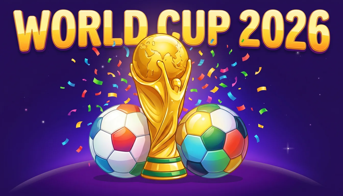 Illustration im Erudite-Stil mit einem goldenen Pokal und Fußbällen sowie dem Schriftzug World Cup 2026