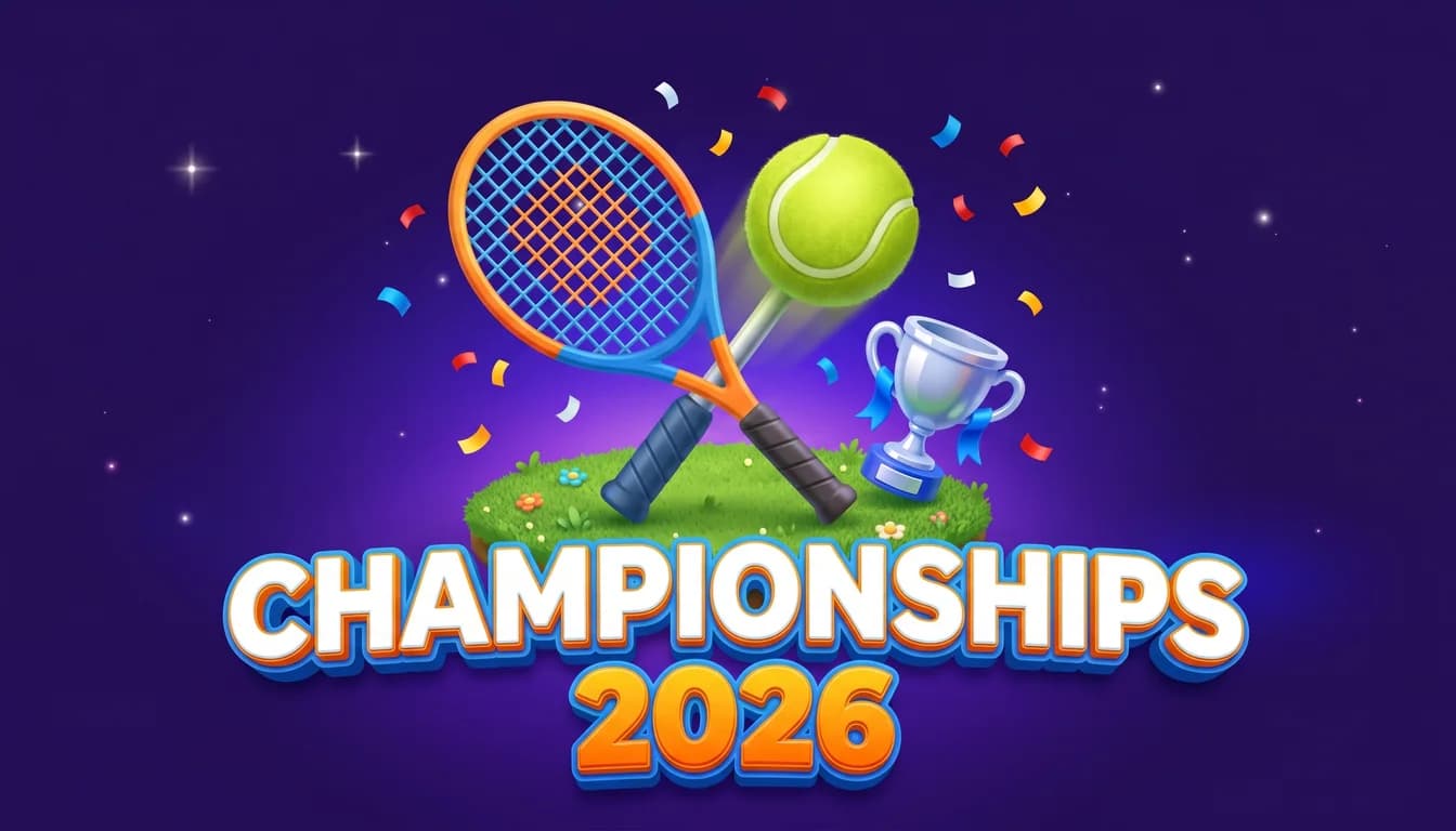 Erudite-Illustration eines Tennisschlägers, eines Balls und eines Pokals mit dem Schriftzug Championships 2026