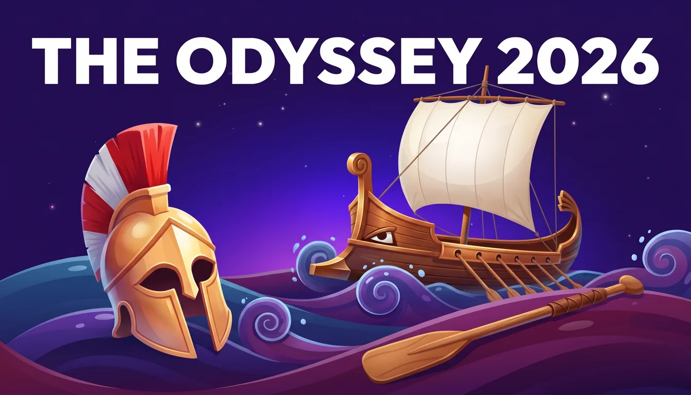 Illustration im Erudite-Stil: Schiff und Helm eines antiken griechischen Helden mit dem Schriftzug The Odyssey 2026